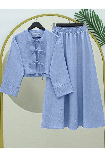 Modamorfo Linen Suit with Lace-Up Front and Elastic Waist Skirt - Light Blue