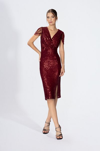 HOX'S Gloria Burgundy Midi Sequined Pencil Dress - Double Breasted Neckline and Front Slit Sleeveless