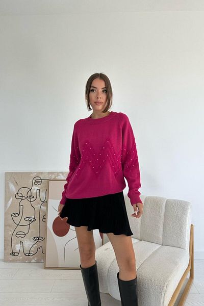 modaserdem Fuchsia Zigzag Beaded Knitwear Sweater