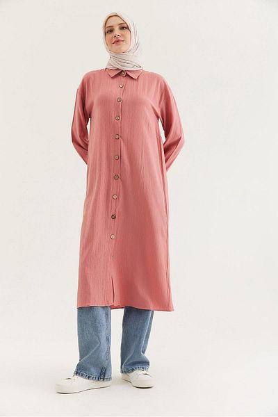 CALİENTE Linen Buttoned Long Hijab Tunic Dusty Rose