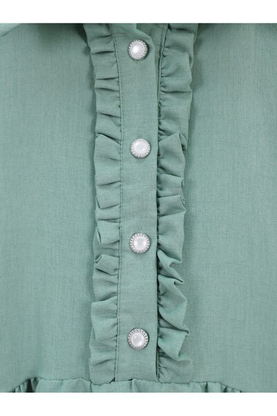 Modamorfo Ruffled Front Half Button Linen Suit - Water Green