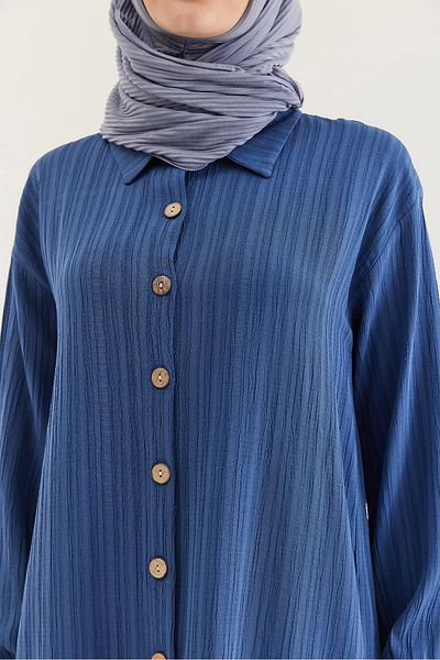 CALİENTE Linen Buttoned Long Hijab Tunic Blue