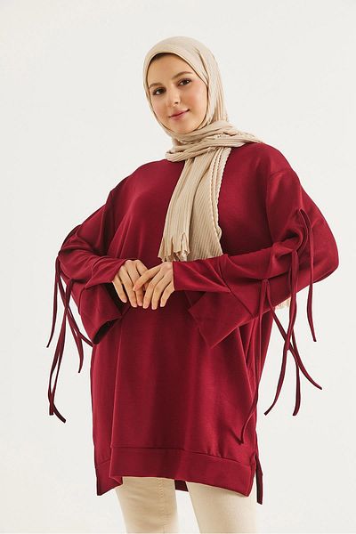 CALİENTE Tunic with Lace Sleeves Claret Red