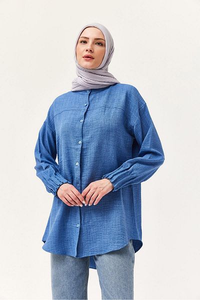 CALİENTE Linen Fabric Sleeve Ribbed Detailed Shirt Tunic Blue