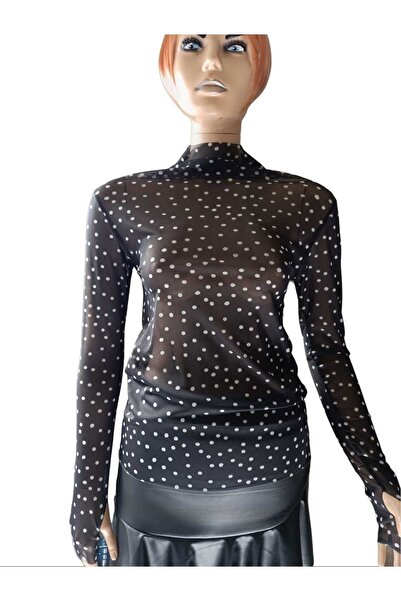 charango Kadın Balıkçı Yaka Bodycon Parmak Geçmeli Likralı puantiyeli Tüllü T...