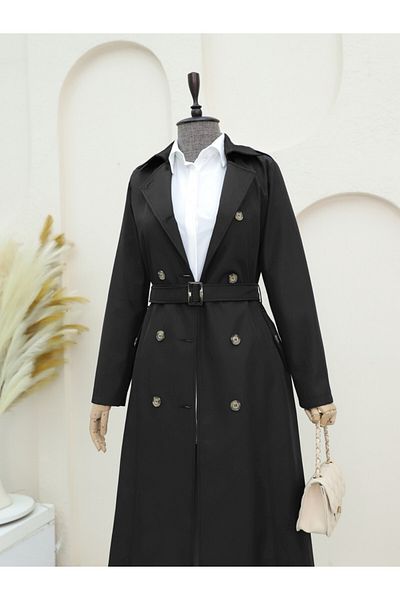 Modamorfo Double Button Belted Trench Coat -Black