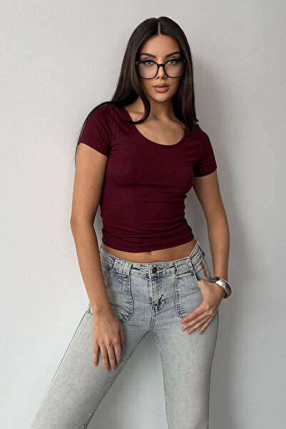 LACHT بلوزة نسائية بأكمام قصيرة ورقبة على شكل حرف U من قماش Buzy Modal الأساسي