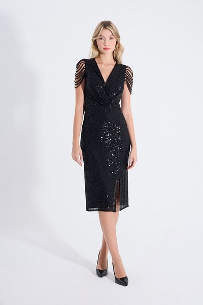 HOX'S Carmen Black Midi Pencil Evening Dress - Sequined, Double Breasted Collar, Sleeveless and Front Slit