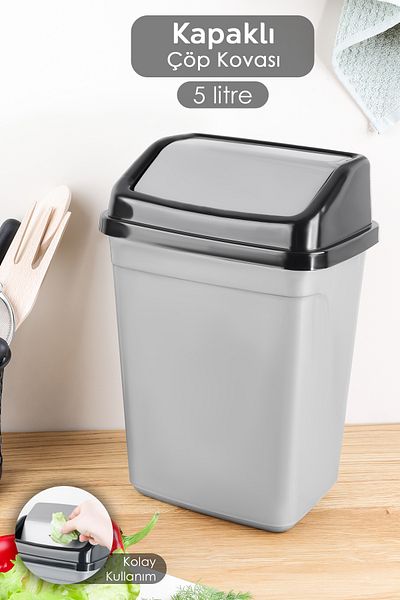 Meleni Home Coș de gunoi din plastic cu capac - Coș de gunoi pentru birou, baie, bucătărie, blat, gri 5 litri