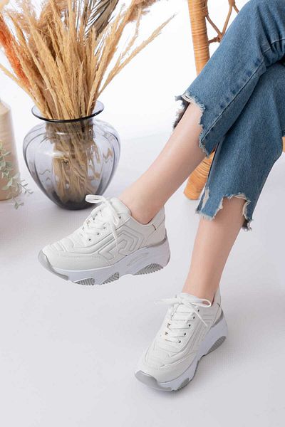 Weynes Women's White Leather Embossed High Sole Sports Shoes Wsb4012