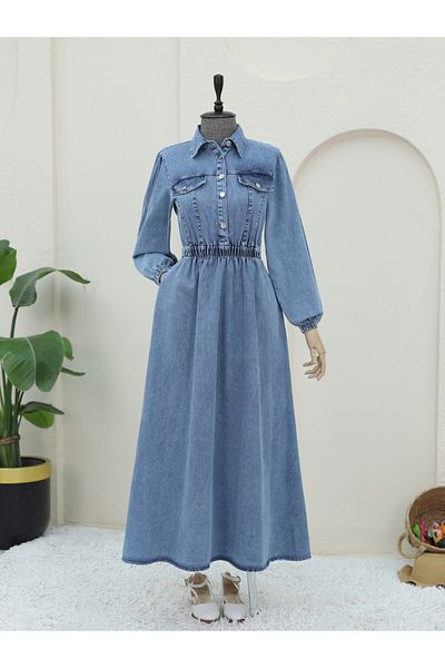 Modamorfo Rochie din denim cu jumătate de nasturi cu talie elastică - Ice Blue