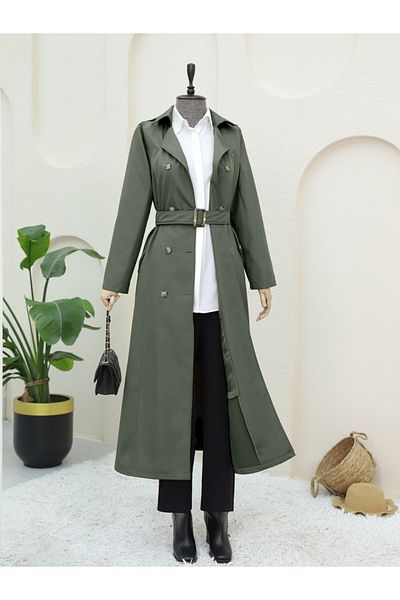 Modamorfo Double Button Belted Trench Coat - Khaki