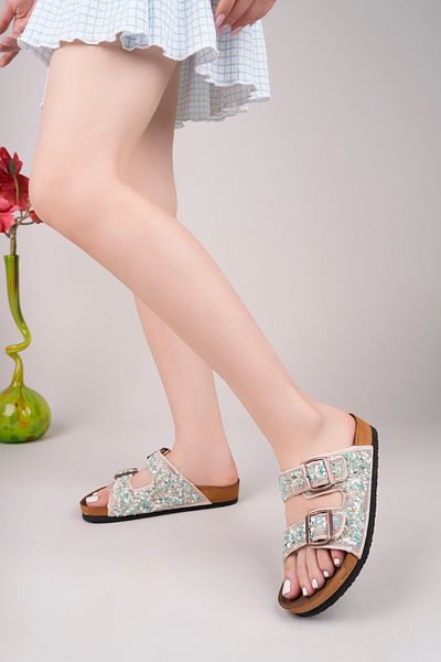 Nexs Women's Natural Stone Turquoise Green Double Buckle Sea Stone Stylish Comfortable Slippers - Not to Wear with Water