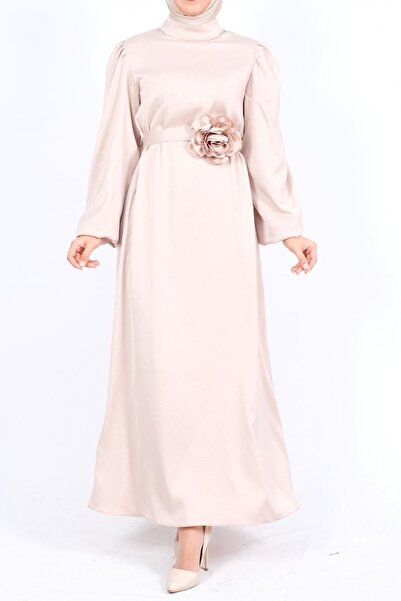 Modamorfo Beige Satin Balloon Sleeve Belted Stone Dress