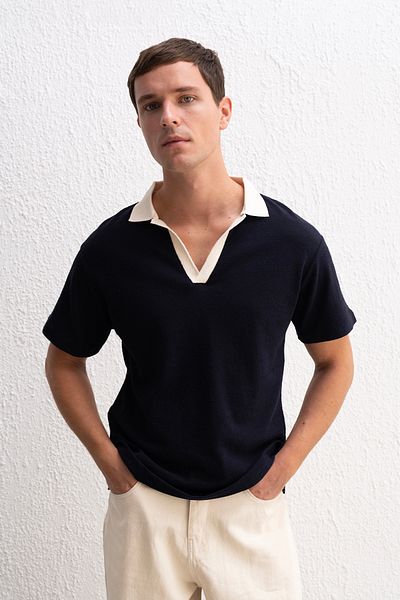 GIESTO Πόλο μπλουζάκι με λαιμόκοψη Navy Blue