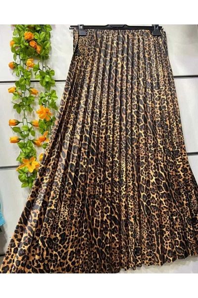 Birru Butik Fusta de damă cu aspect de piele elastică plisată leopard