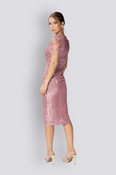 HOX'S Gloria | Payetli Midi Kalem Abiye Elbise Kruvaze Yaka Kolsuz Önden Yırtmaçlı - Pudra