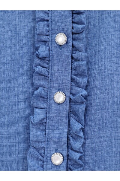 Modamorfo Ruffled Front Half Button Linen Suit -Indigo