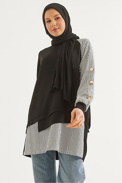 CALİENTE Sleeve and Skirt Shirt Garnished Tunic Black