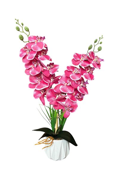 YAPAY ÇİÇEKÇİNİZ Υψηλής ποιότητας τεχνητή ορχιδέα με 2 κλαδιά με υγρή υφή σε λευκή γλάστρα από σκυρόδεμα