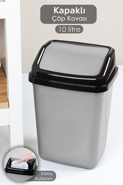 Meleni Home Coș de gunoi din plastic cu capac - Coș de gunoi pentru birou, baie, bucătărie, gri 10 litri