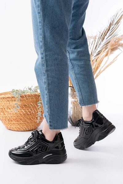 Weynes Women's Black Patent Leather Embossed High Sole Sports Shoes Wsb4012