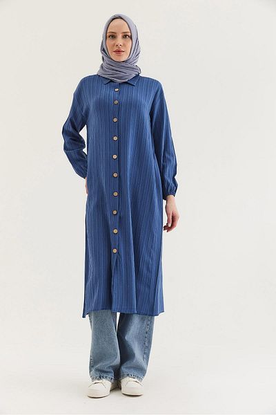CALİENTE Linen Buttoned Long Hijab Tunic Blue