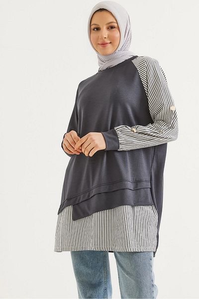 CALİENTE Sleeve and Skirt Shirt Garnished Tunic Gray
