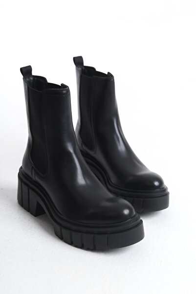 CZ London Kadın Kalın Taban Günlük Bot Yanı Lastik Detaylı Tırtık Taban Siyah Bot