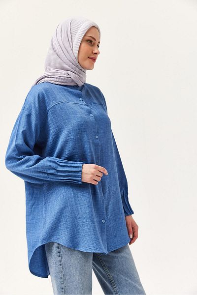 CALİENTE Linen Fabric Sleeve Ribbed Detailed Shirt Tunic Blue
