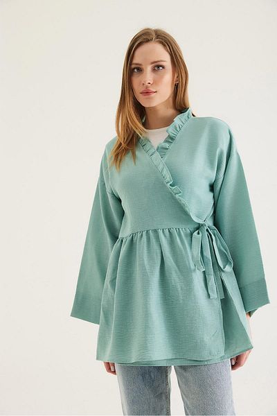 CALİENTE Side Tie Kimono with Ruffled Collar Green