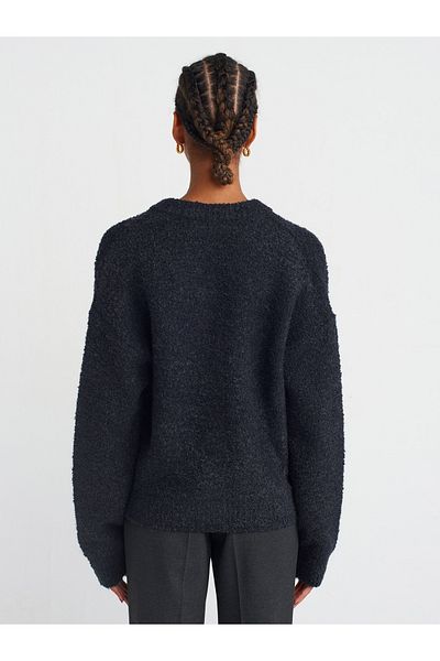 Dilvin 60276 V-Neck Buttoned Boucle Knitwear Cardigan (Anthracite)