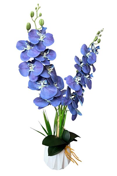 YAPAY ÇİÇEKÇİNİZ Beyaz Renkli Beton Saksıda 2 Dallı Islak Dokulu Yüksek Kaliteli Yapay Orkide