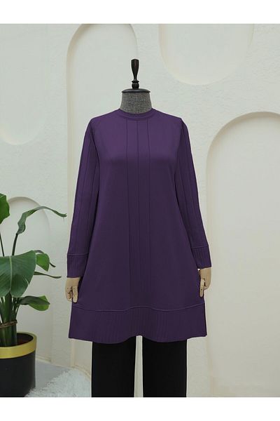 Modamorfo Purple Cuff Ribbed Slit Knitwear Tunic