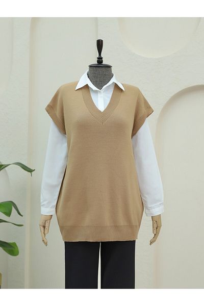 Modamorfo V-Neck Oversize Knitwear Sweater - Mink