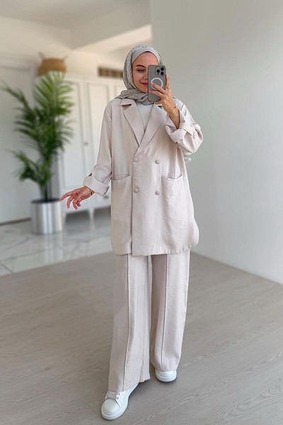 Ka Hijab Beige Casual Jacket & Trousers Double Set