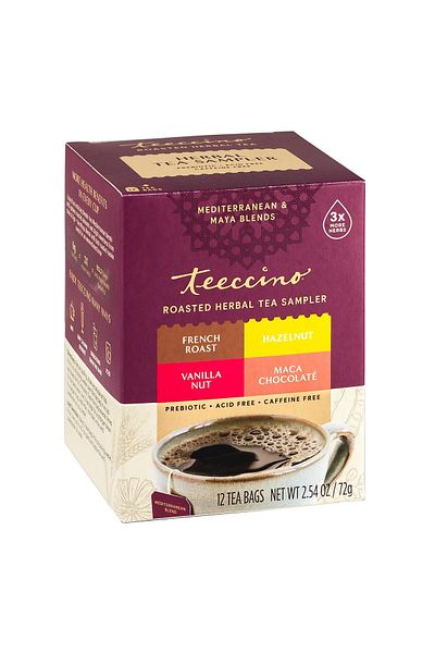 Teeccino Herbal Tea Sampler - Maca Chocolaté, French Roast, Hazelnut, Vanilla Nut - Caffeine Free, 12 Bags