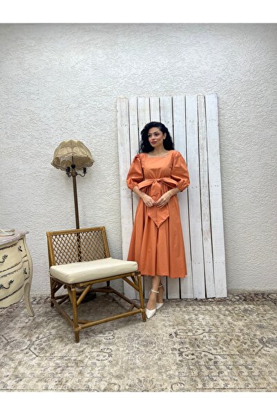 KÜÇÜĞÜM BUTİK Salmon Long Bow Flared Poplin Dress