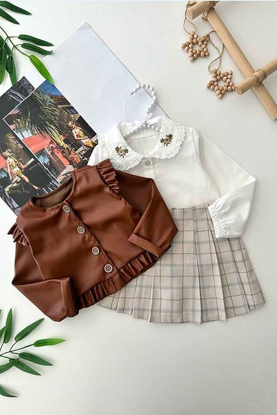 Minigimin Cicileri Brown Mini Girl's Kaftan Sleeve Turkish Fabric Collar Embroidery