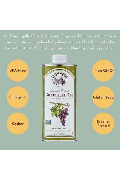 La Tourangelle Expeller-Pressed Grapeseed Oil, High Heat Cooking, Cast Iron Seasoning, Skin & Hair Care, 16.9 fl oz