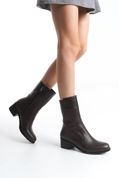 CZ London Kadın Hakiki Deri Kısa Topuklu Fermuarlı Casual Şık Bot Tam Kalıp Kadın Kışlık Ayakkabı