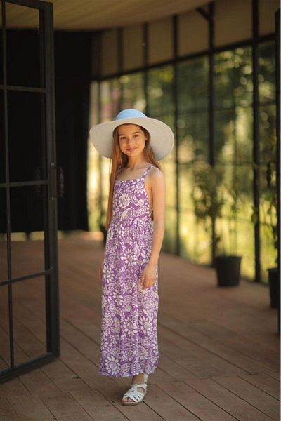 Hilal Akıncı Kids Girl's Floral Patterned Backless Lilac Cotton Viscose Dress