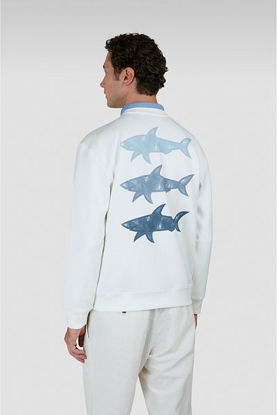 PAUL&SHARK Men's Regular Fit Round Neck Back Shark Printed Front Logo Embroidered Cotton Long Sleeve White Swea