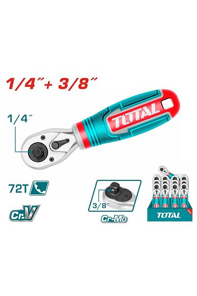 TOTAL 1/4" & 3/8" Dual-Drive 72-Tooth Ratchet Handle – Ergonomic Grip, Cr-V & Cr-Mo Steel