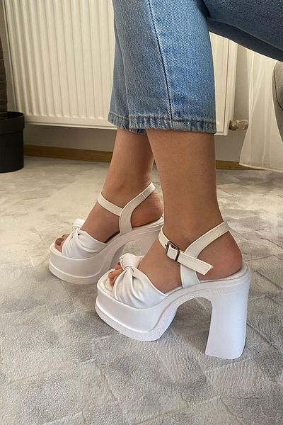 Preshley Women's Sersi White Bow Strap (12 cm) Platform Heeled Shoes