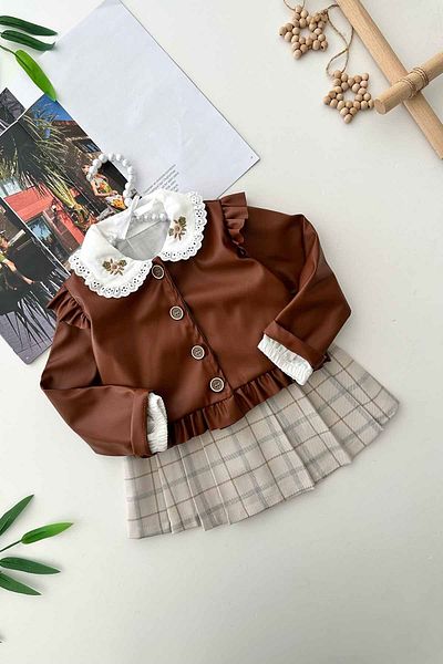 Minigimin Cicileri Brown Mini Girl's Kaftan Sleeve Turkish Fabric Collar Embroidery