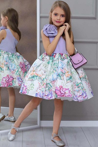 Riccotarz Girl's One Shoulder Rose Brooch Skirt Fluffy Floral Pattern Lilac Evening Dress