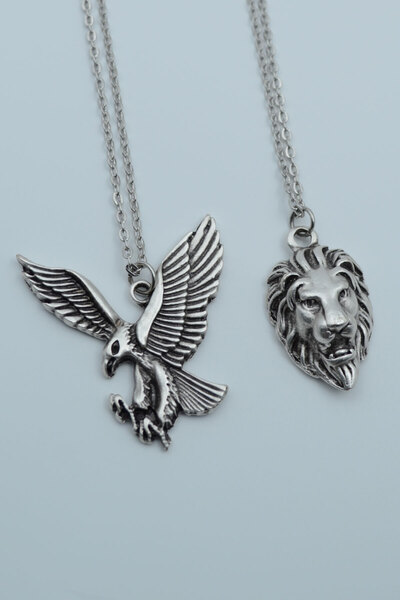 2-Piece Eagle Lion Silver Plated Necklace Set