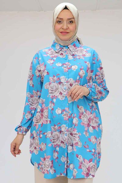 Eslina Large Size Men's Collared Jesica Shirt Tunic - Rose Pattern Blue
