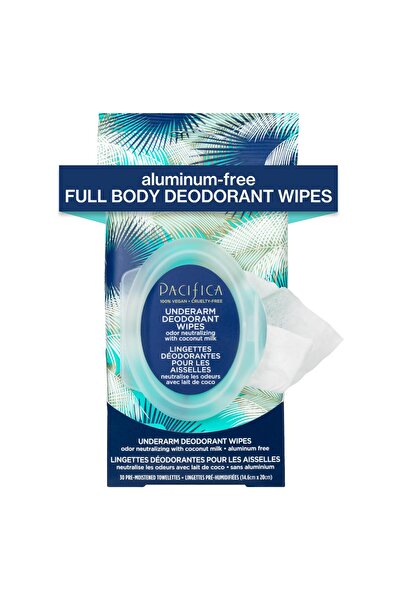 Pacifica مناديل مزيلة للعرق - حليب جوز الهند، خالية من الألومنيوم، نباتية، خالية من القسوة، تم اختبارها من قبل أطباء الجلدية